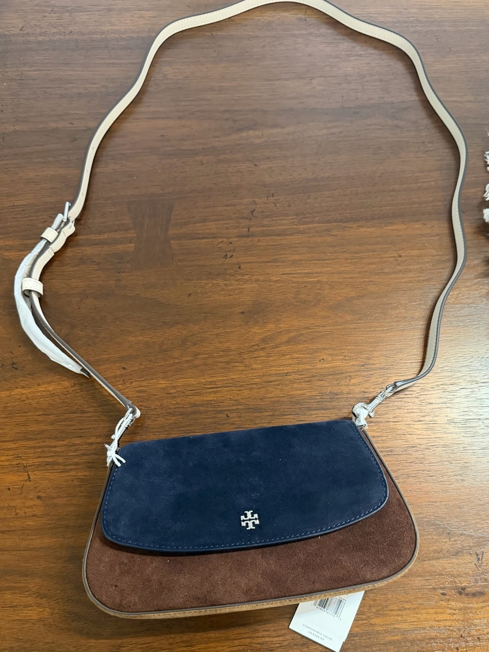 Tory Burch Two-Tone Suede Crossbody in Navy & Brown with Cream Strap